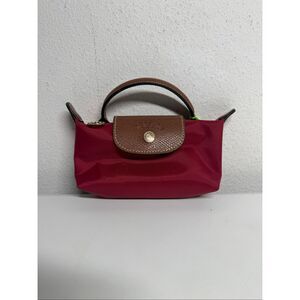 Longchamp Mini Le Pliage Red Brown Top Handle Bag + Strap
